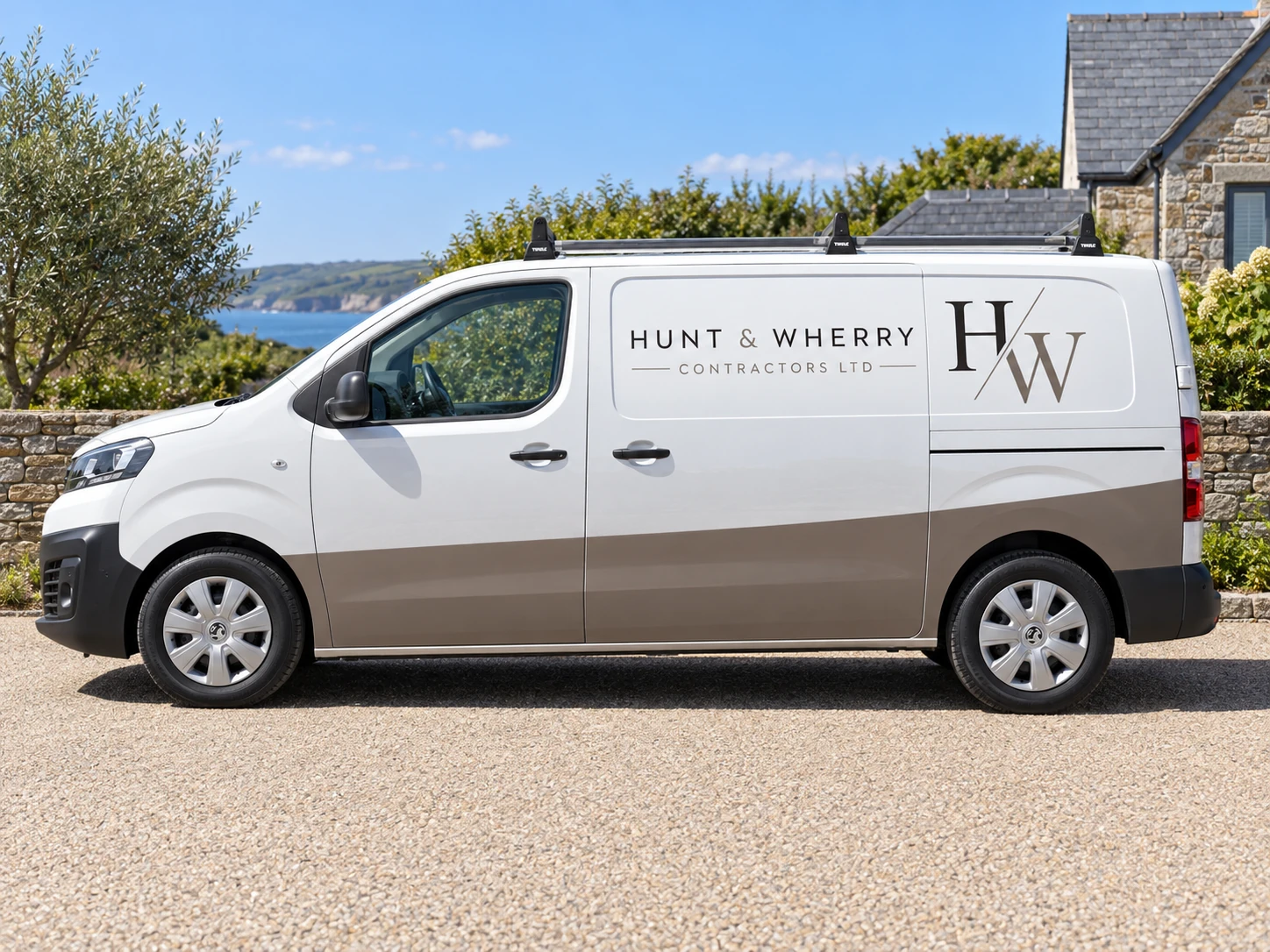 HW Contractors van in Hunt and Wherry livery, a brand mockup