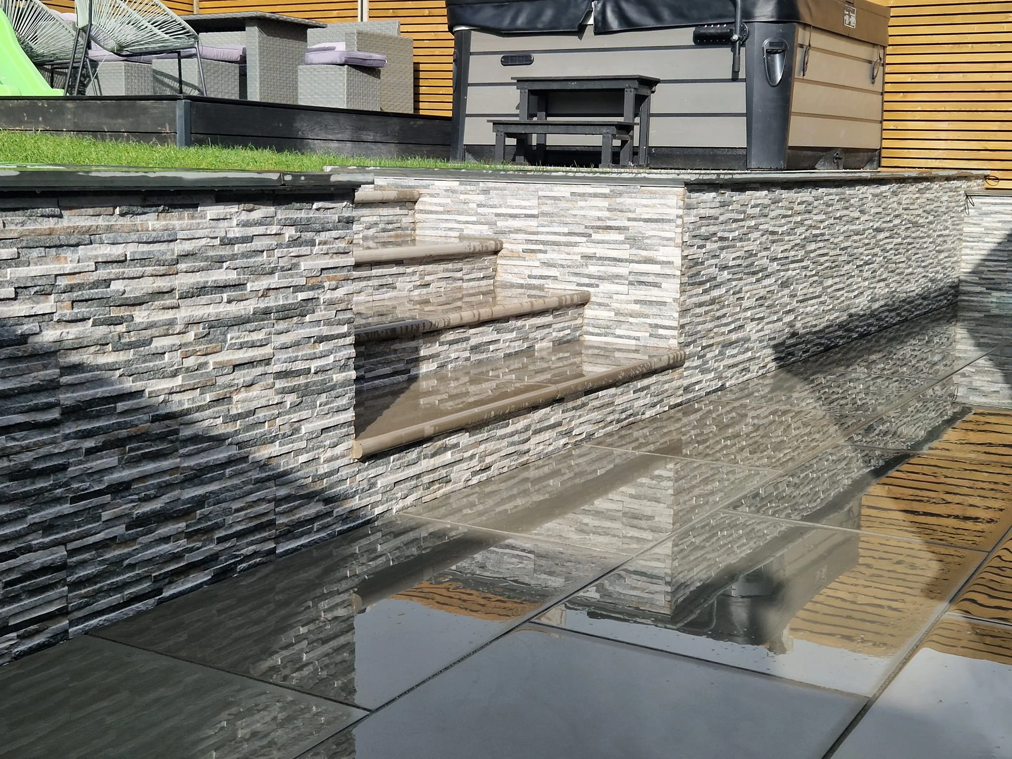 Patio steps finished in slate cladding